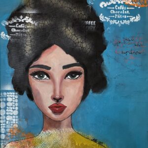a painting of a woman with black hair and yellow dress