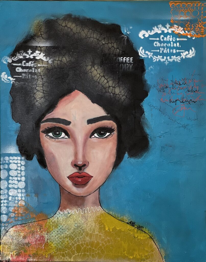 a painting of a woman with black hair and yellow dress