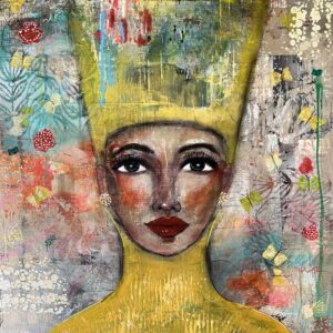 a painting of a woman with a yellow hat