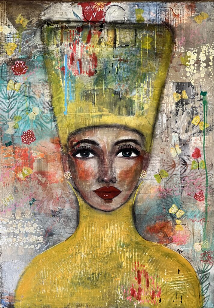 a painting of a woman with a yellow hat