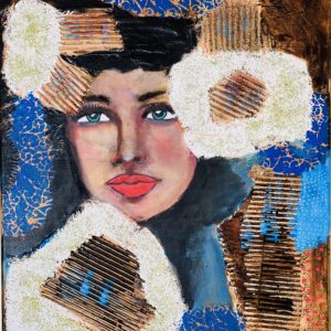 a painting of a woman with brown and blue colors