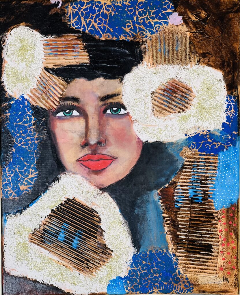 a painting of a woman with brown and blue colors