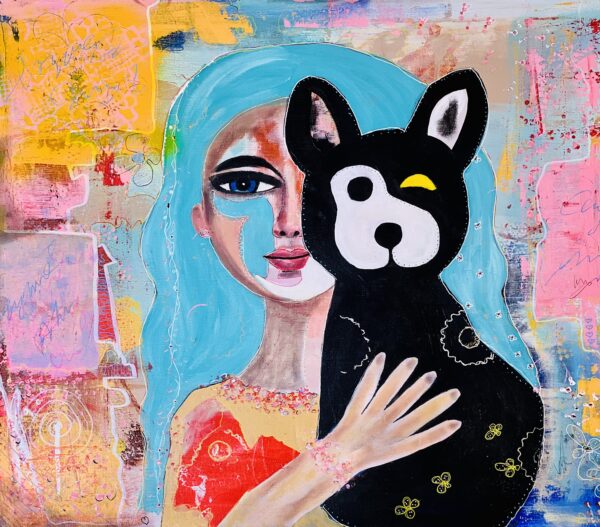 Flicka i rosa håller en svartvit hund mot turkos bakgrund av Artworkbymartina