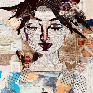 a painting of a woman with paper and paint.