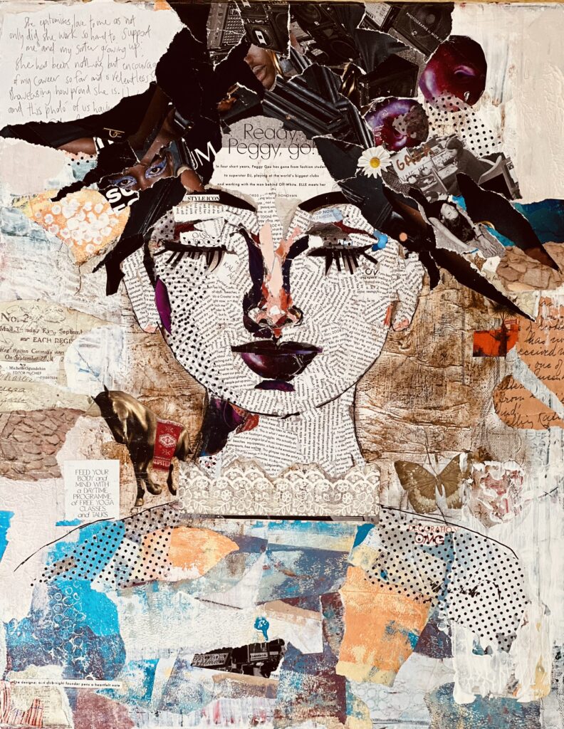 a painting of a woman with paper and paint.