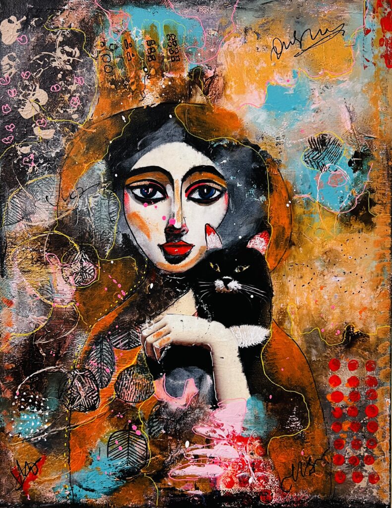 a painting of a woman holding a cat